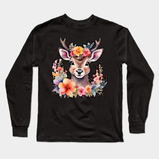 A baby deer decorated with beautiful watercolor flowers Long Sleeve T-Shirt